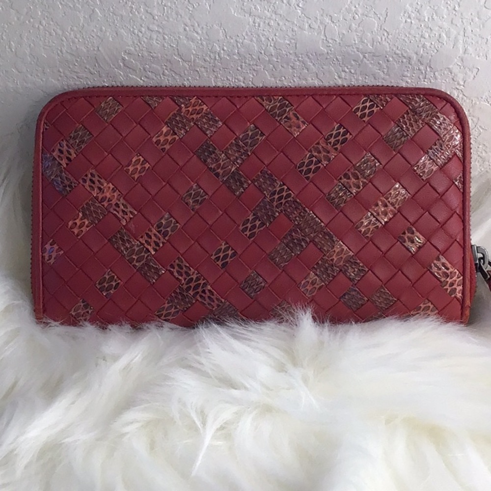Bottega Veneta Red Snakeskin Intrecciato Zip Around Wallet